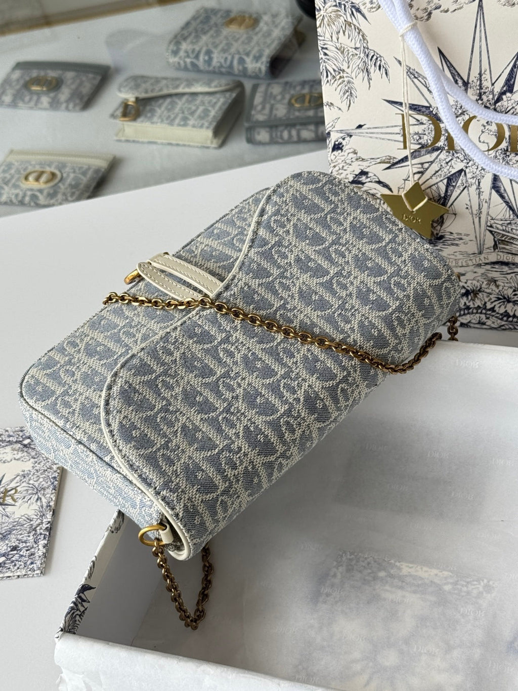 Dior 25S Medium Saddle Pouch with Chain 21 in Light Blue Dior Oblique Jacquard Canvas