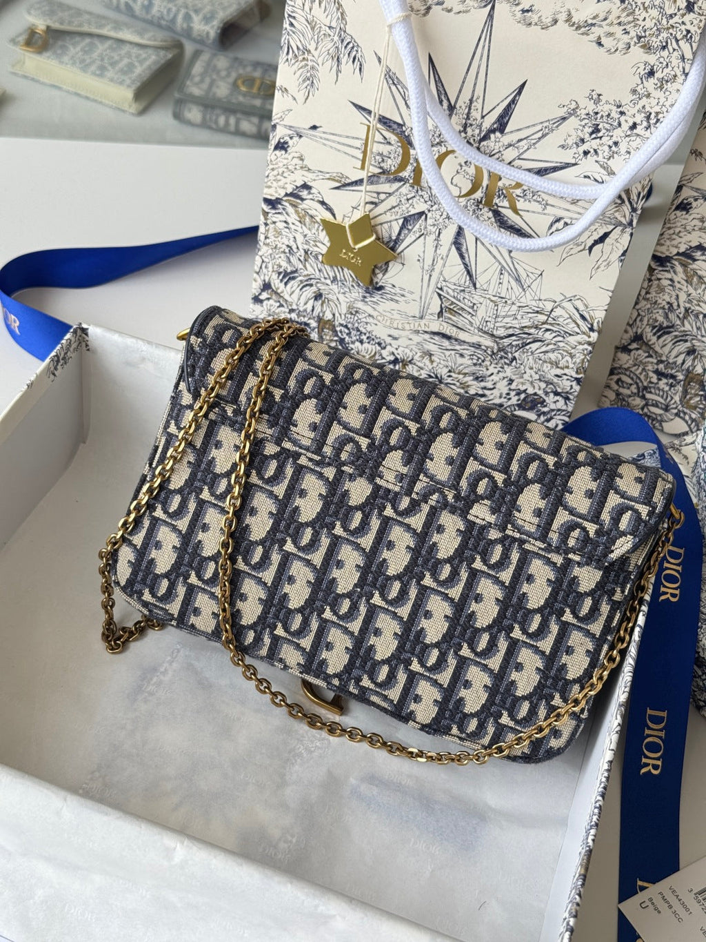 Dior 25S Medium Saddle Pouch with Chain 21 in Blue Dior Oblique Jacquard Canvas
