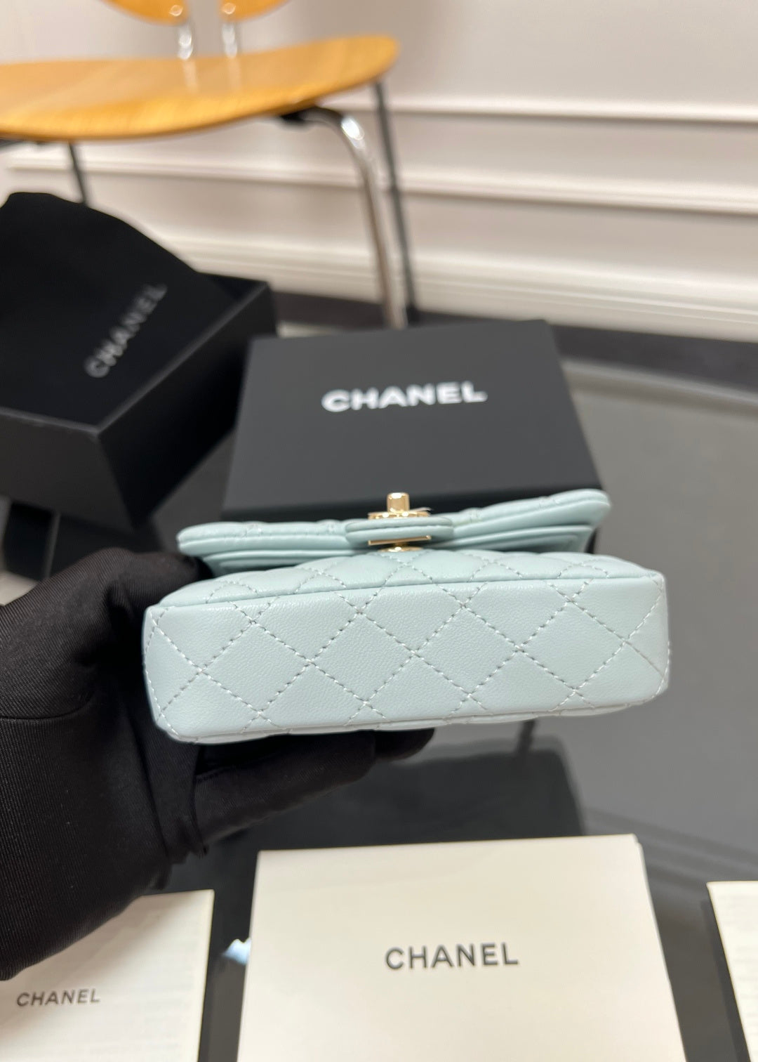 Chanel 25S Flap Charm Bag 13 in Light Blue Lambskin