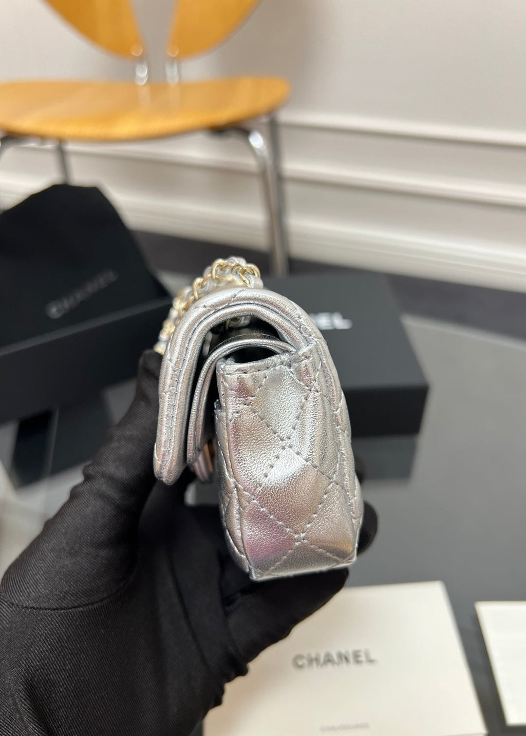 Chanel 25S Flap Charm Bag 13 in Silver Metallic Lambskin