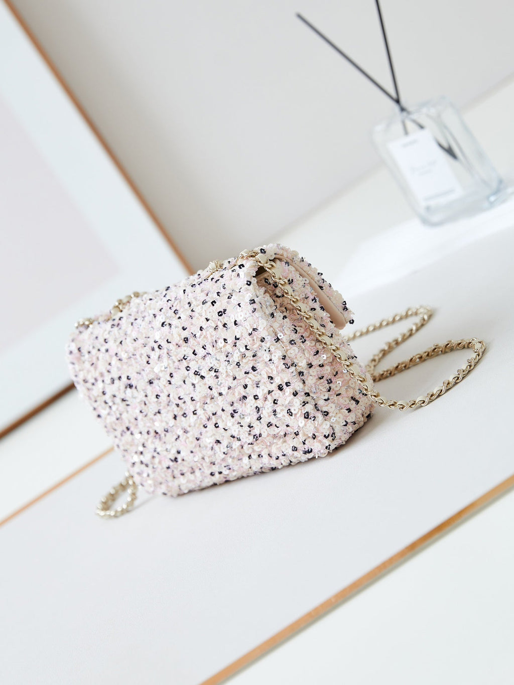 Chanel 25S Flap Bag 20 in Light Pink Mix Black Sequins