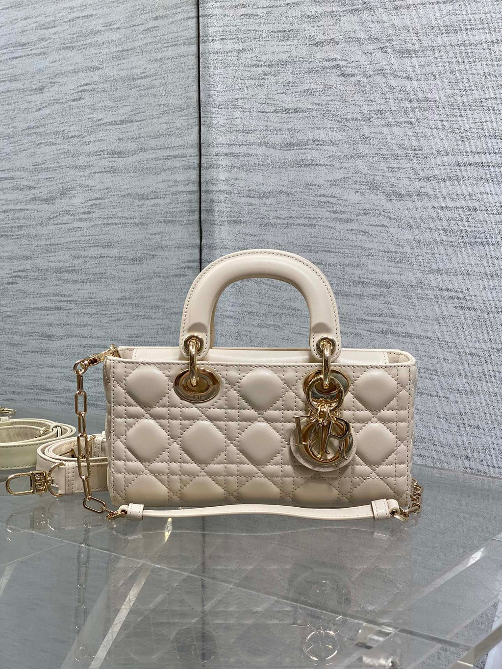 Dior 25S Small Lady D-Joy 22 in Beige Lambskin Gold Hardware Bag