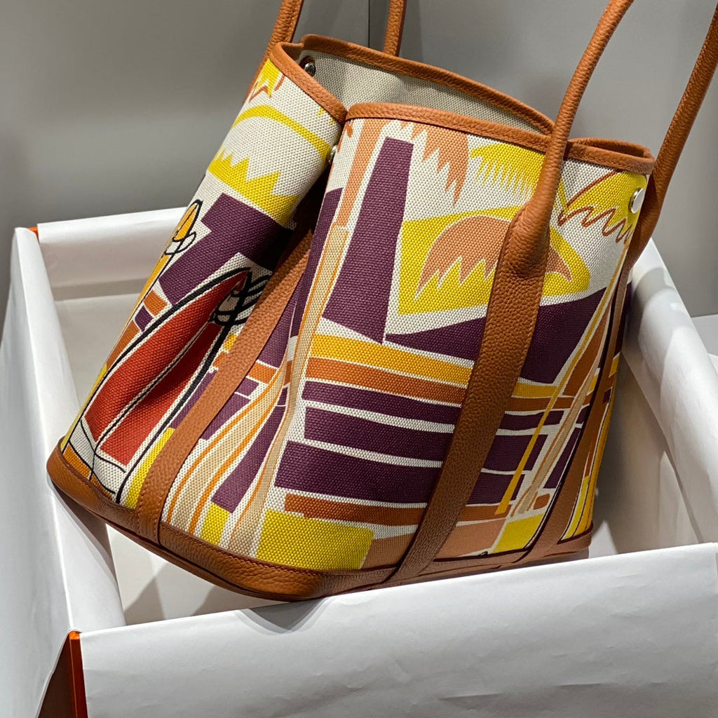 Hermes Garden Party 36 in Multicolor Toile H Canvas Gold Calfskin Tropical Streetline Illustration Bag