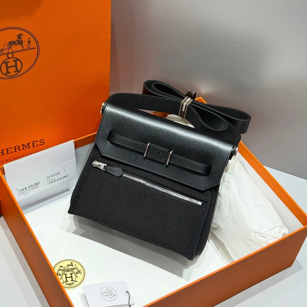 Hermes 25S Mini Herbag 20 in Full Black Canvas Silver Hardware Bag
