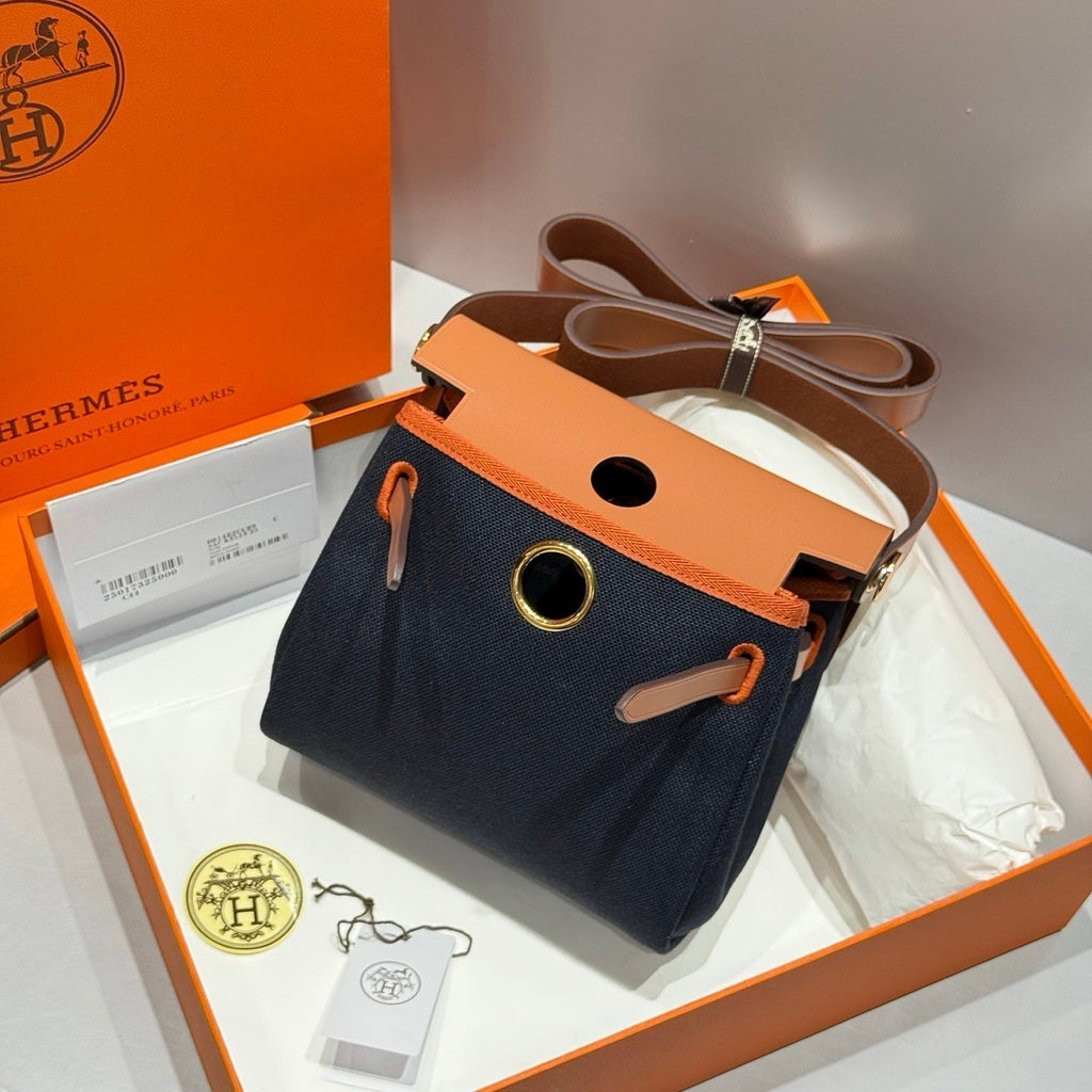 Hermes 25S Mini Herbag 20 in Navy Blue Canvas Gold Hardware Bag