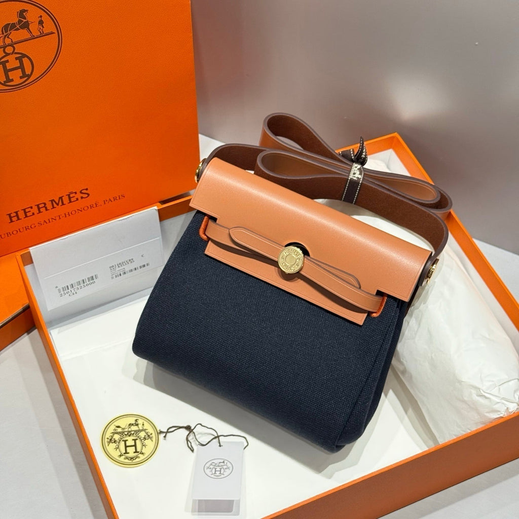 Hermes 25S Mini Herbag 20 in Navy Blue Canvas Gold Hardware Bag