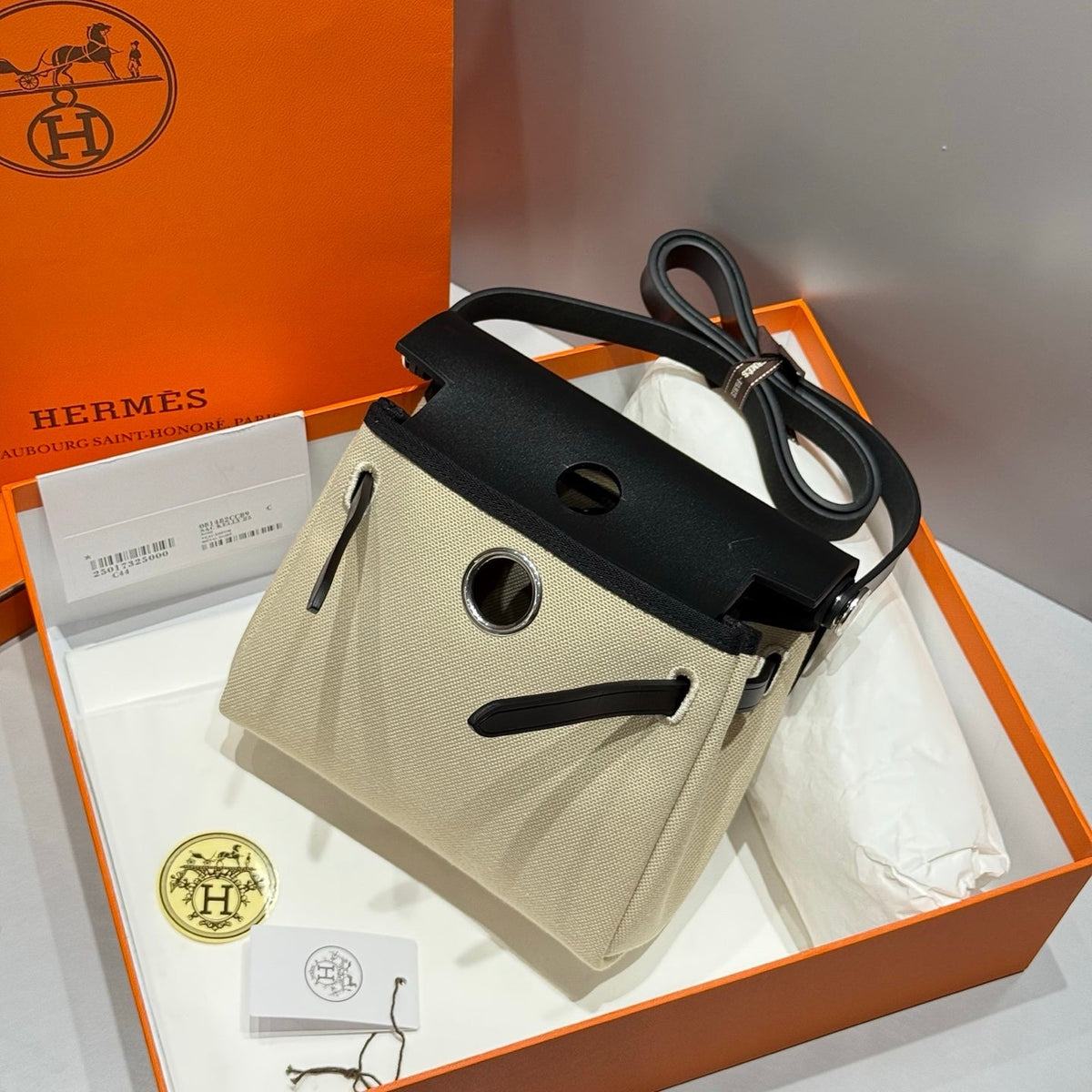 Hermes 25S Mini Herbag 20 in Beige and Black Canvas Silver Hardware Bag