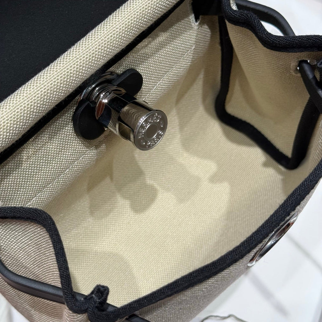 Hermes 25S Mini Herbag 20 in Beige and Black Canvas Silver Hardware Bag