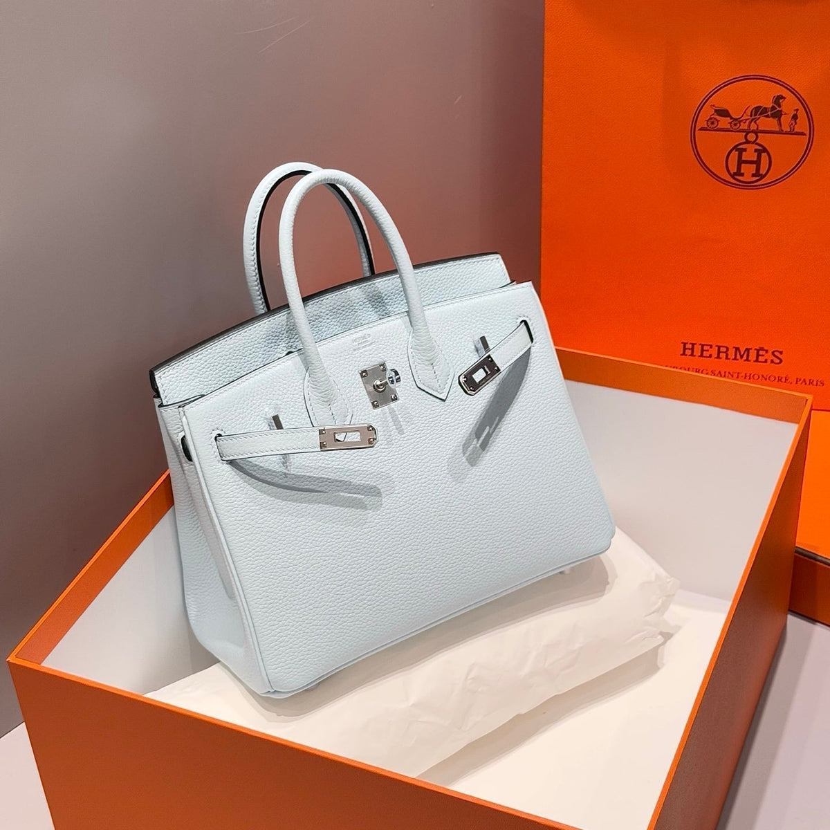 Hermes 25S Medium Birkin 25 in Cloud Blue Calfskin Silver Hardware Bag