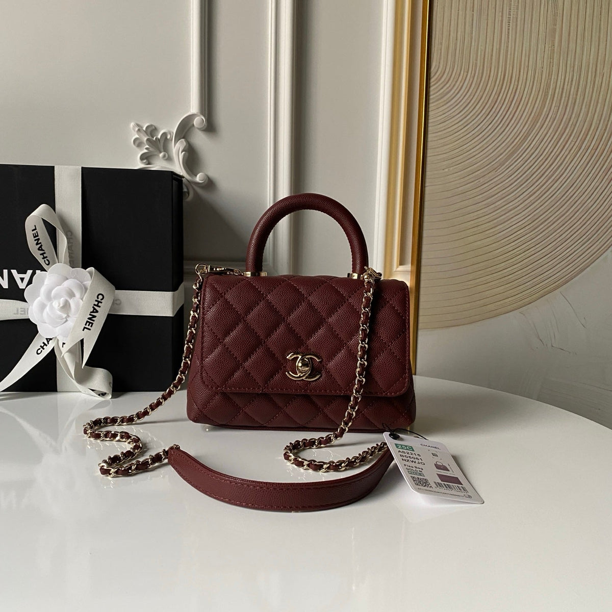 Chanel 25S Coco Handle Flap Bag 19 in Dark Red Caviar