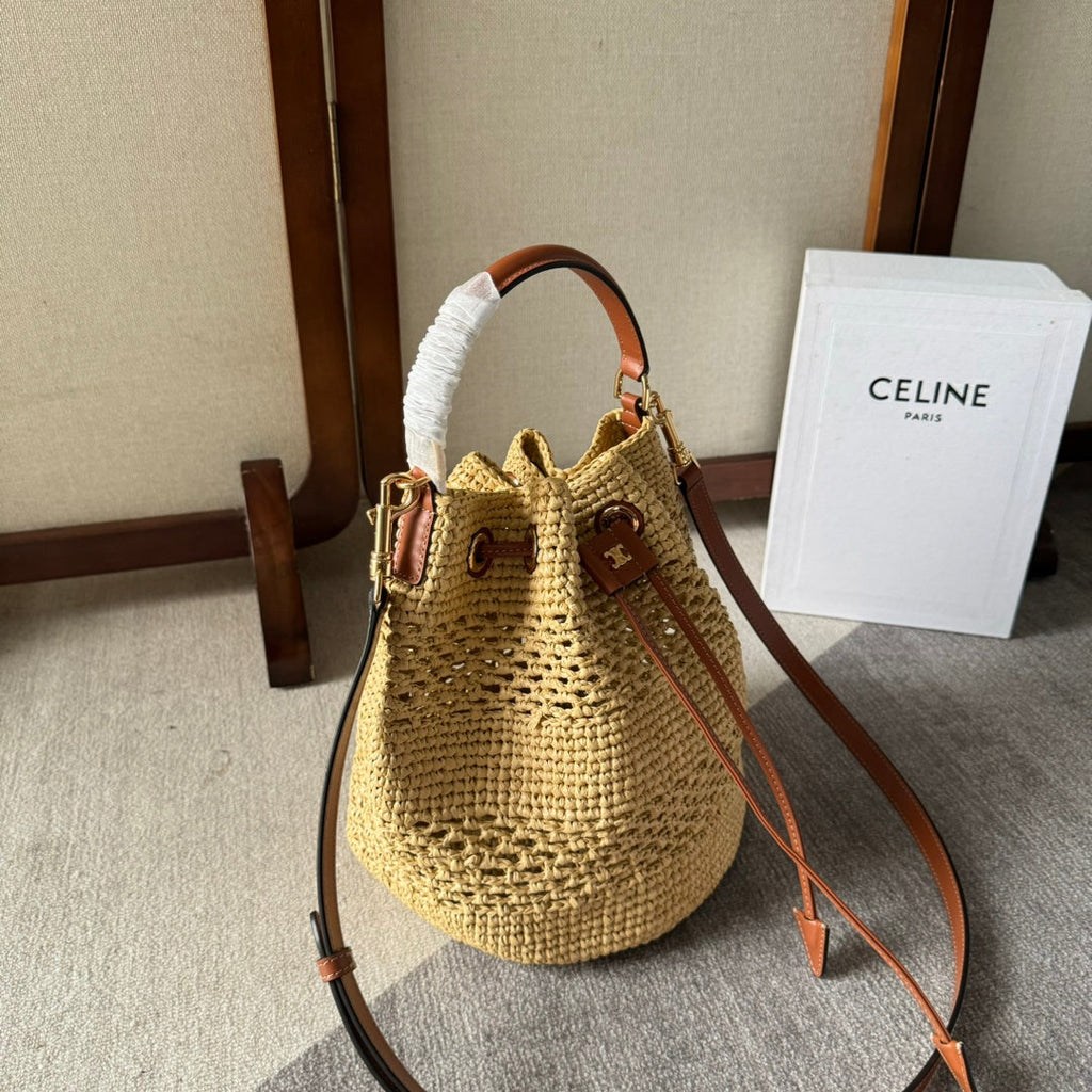 Celine Clara Classic Panier 25 in Beige Raffia and Brown Calfskin Bag