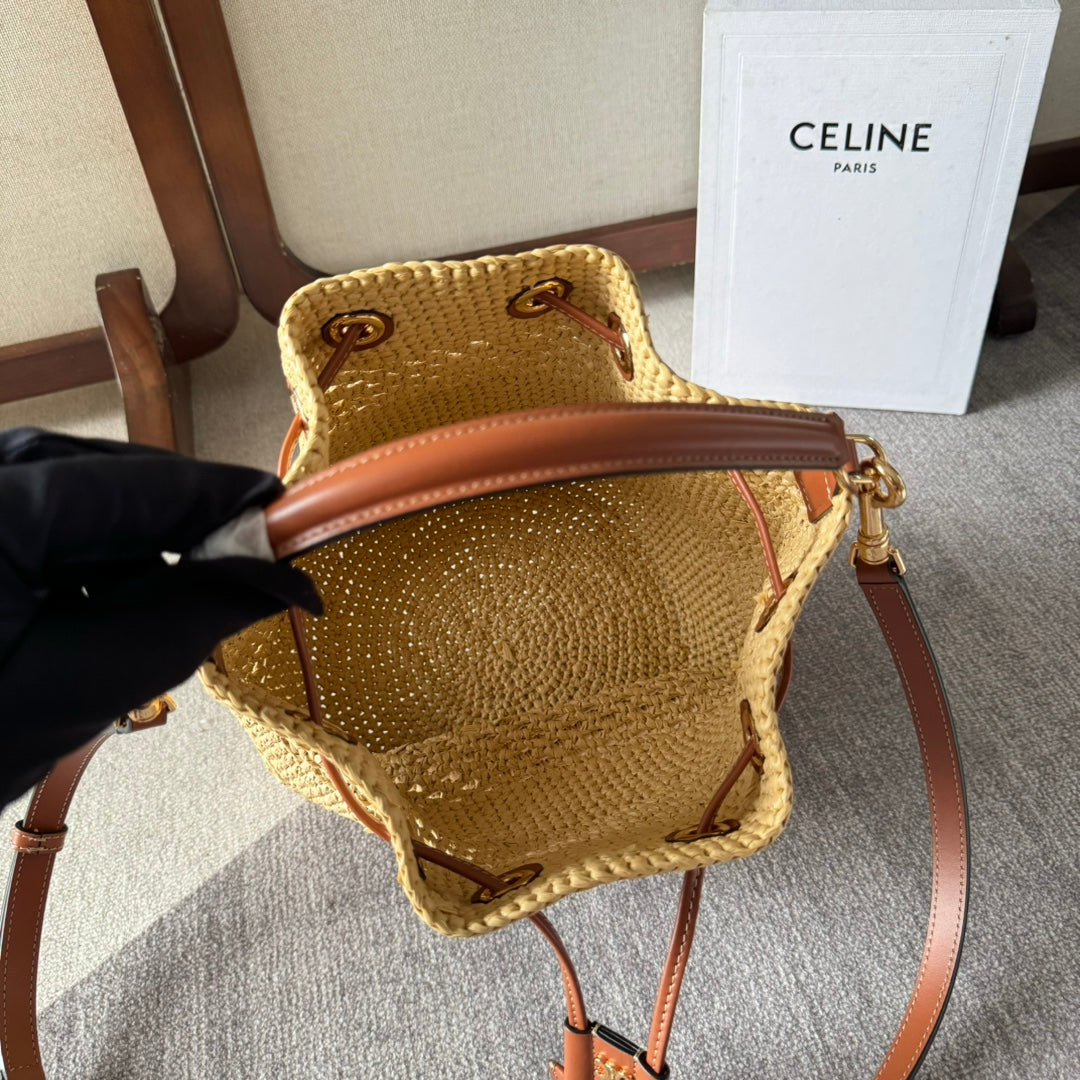 Celine Clara Classic Panier 25 in Beige Raffia and Brown Calfskin Bag