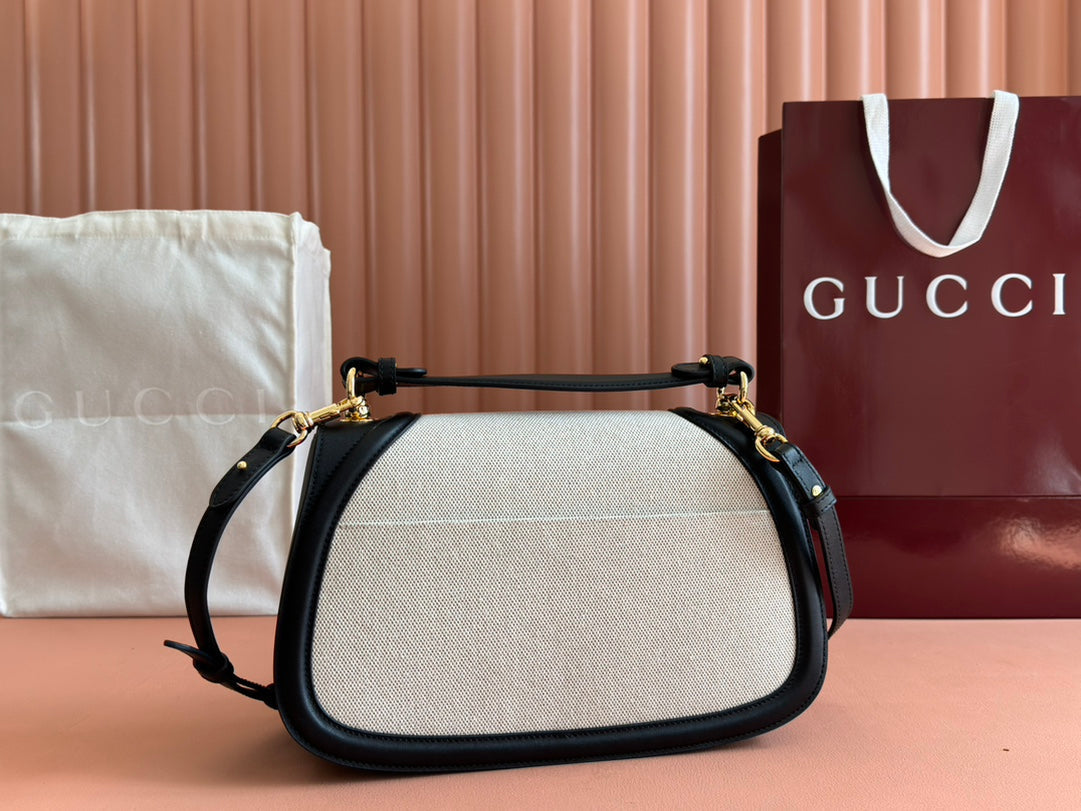 Gucci Blondie Large Top Handle Bag 32 in Natural Cotton Linen Canvas Black Calfskin