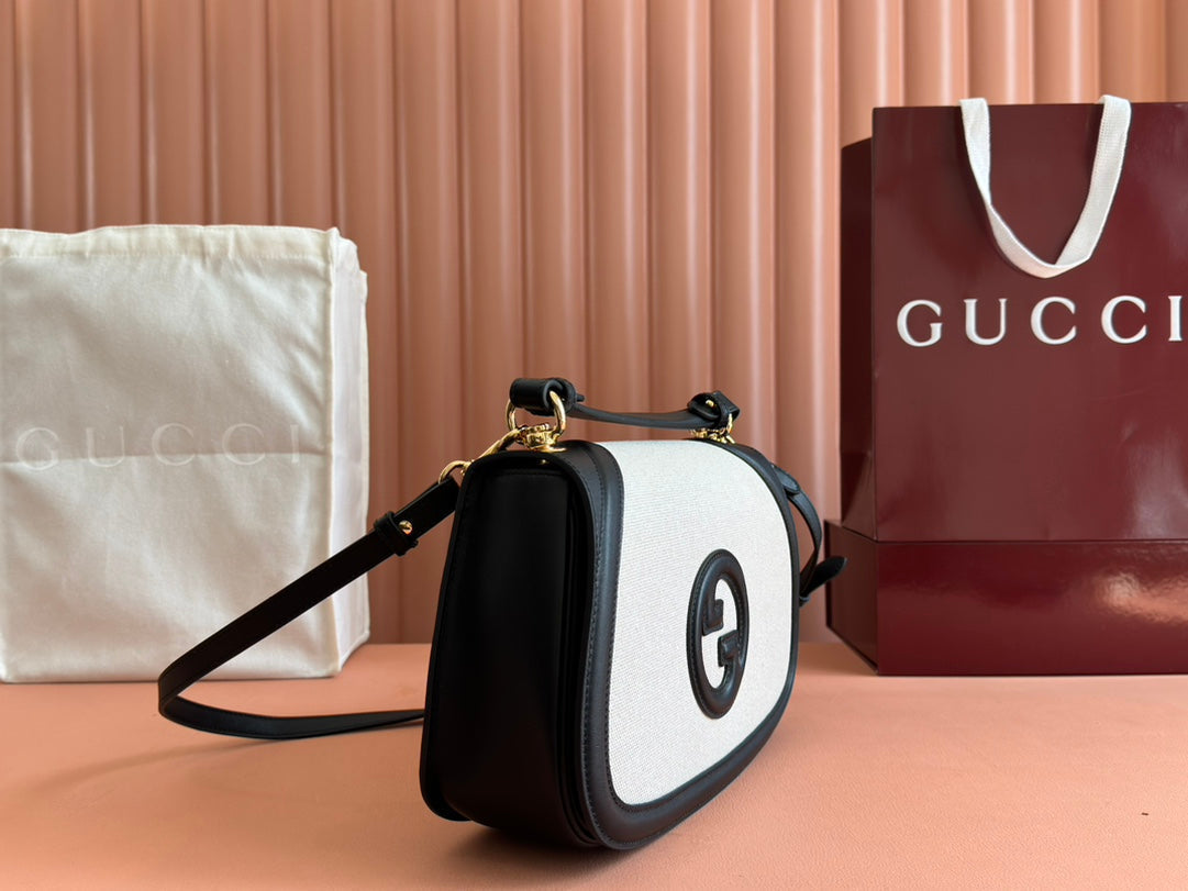Gucci Blondie Large Top Handle Bag 32 in Natural Cotton Linen Canvas Black Calfskin