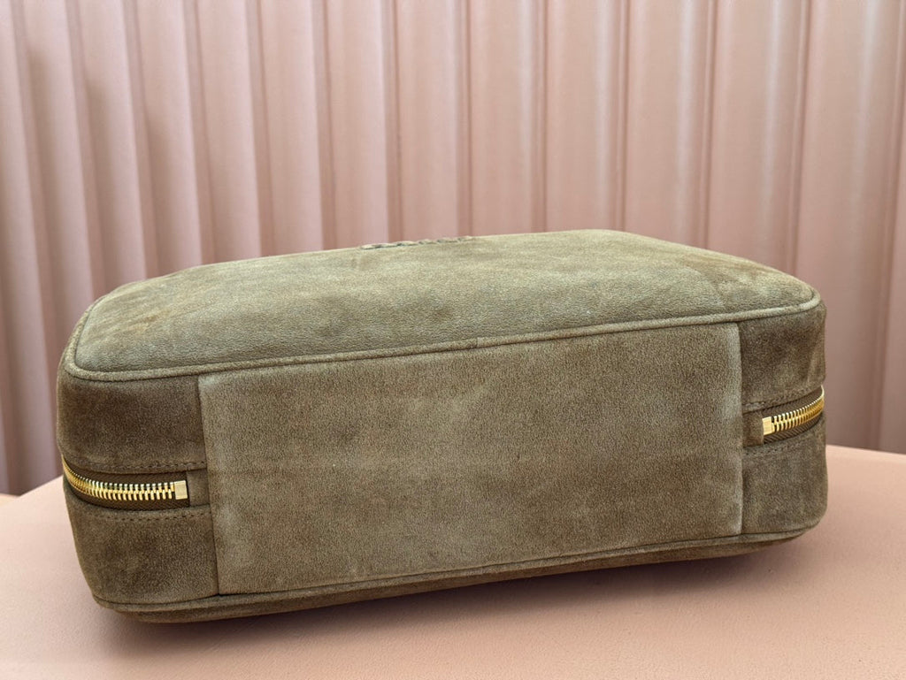 Beau Top Handle Bag 34 in Coffee Brown Suede Embossed Logo