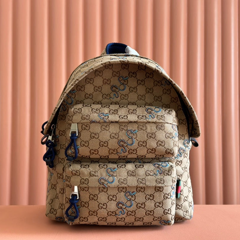 Gucci Backpack 40 in Beige and Brown Canvas Blue Snake Embroidery