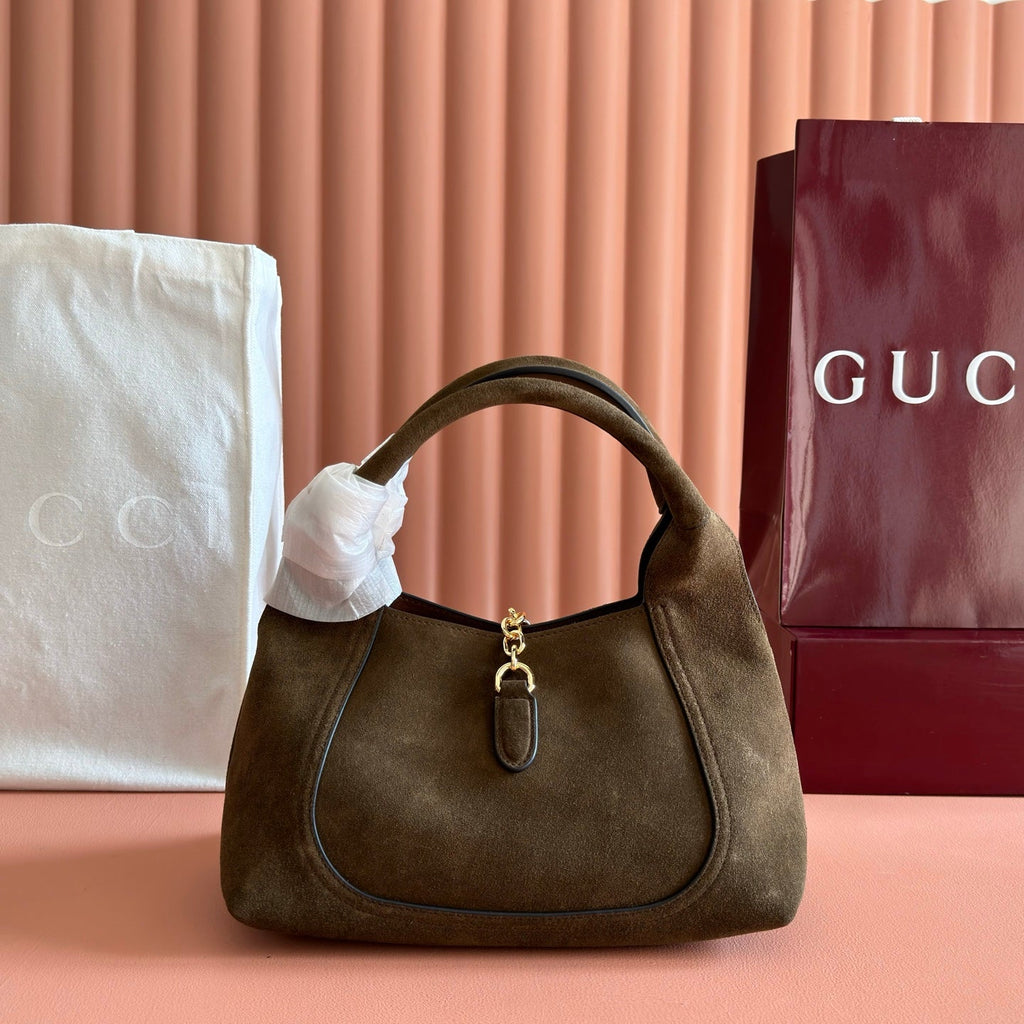 Gucci 26S Softbit Shoulder Bag 27 in Dark Brown Suede