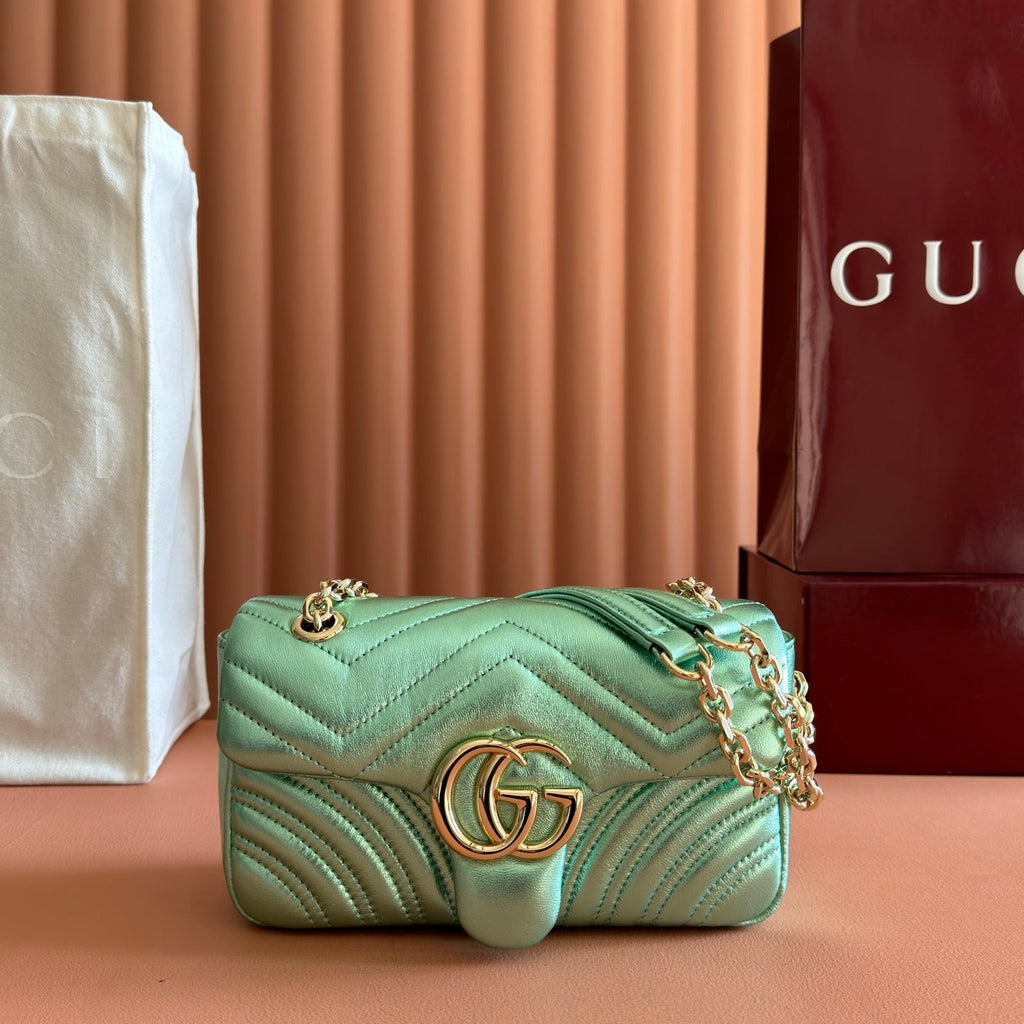 Gucci 26S Marmont Bag 22 in Metallic Pale Green Lambskin