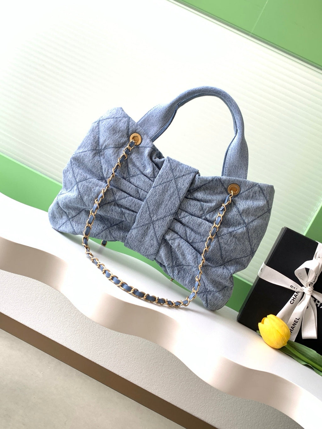 Chanel 25S Maxi Bow Bag 38 in Blue Denim with Gold Hardware