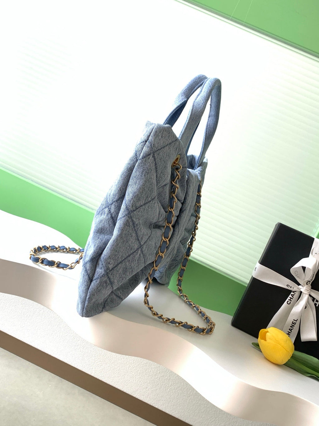 Chanel 25S Maxi Bow Bag 38 in Blue Denim with Gold Hardware