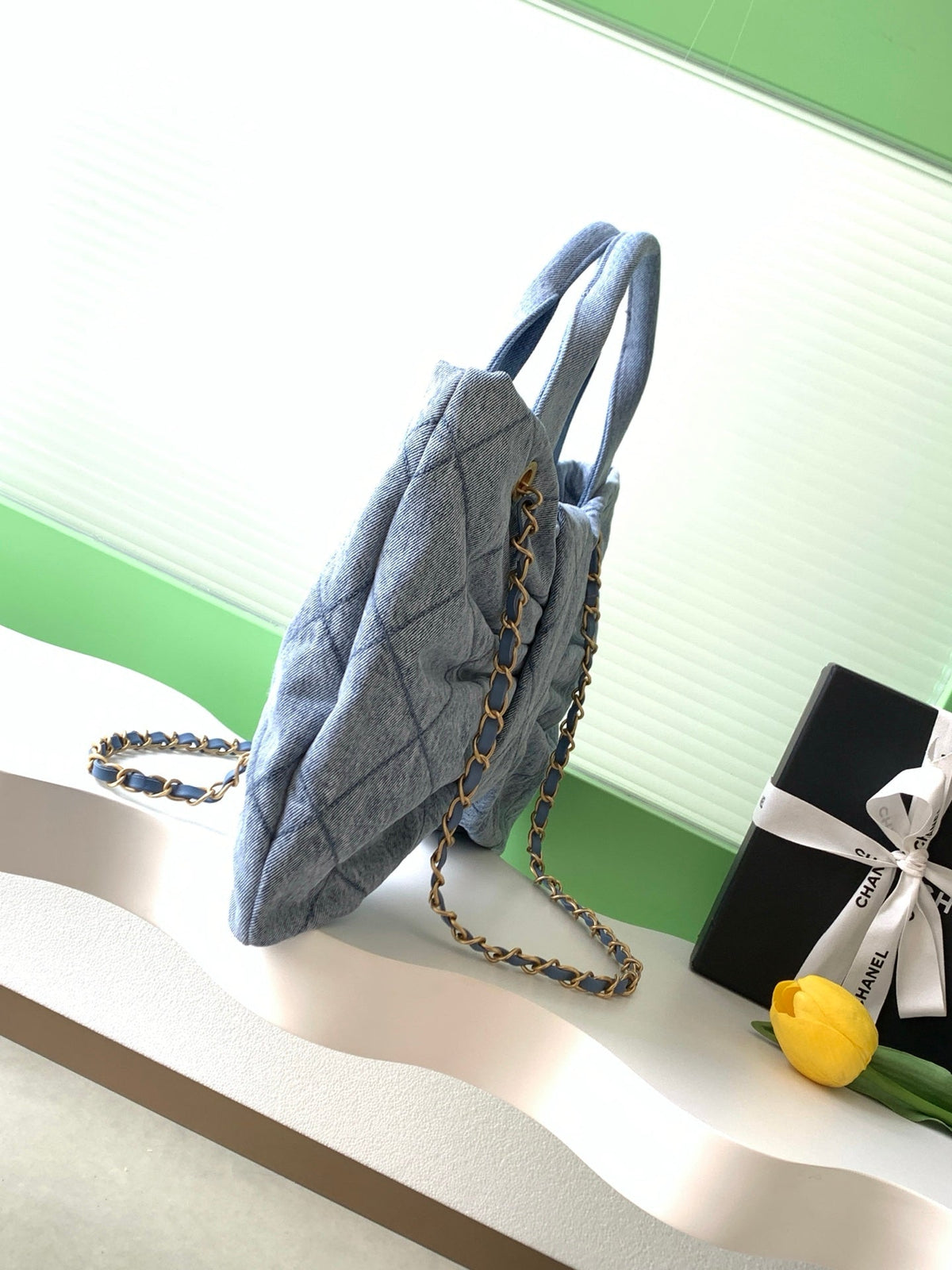 Chanel 25S Maxi Bow Bag 38 in Blue Denim with Gold Hardware