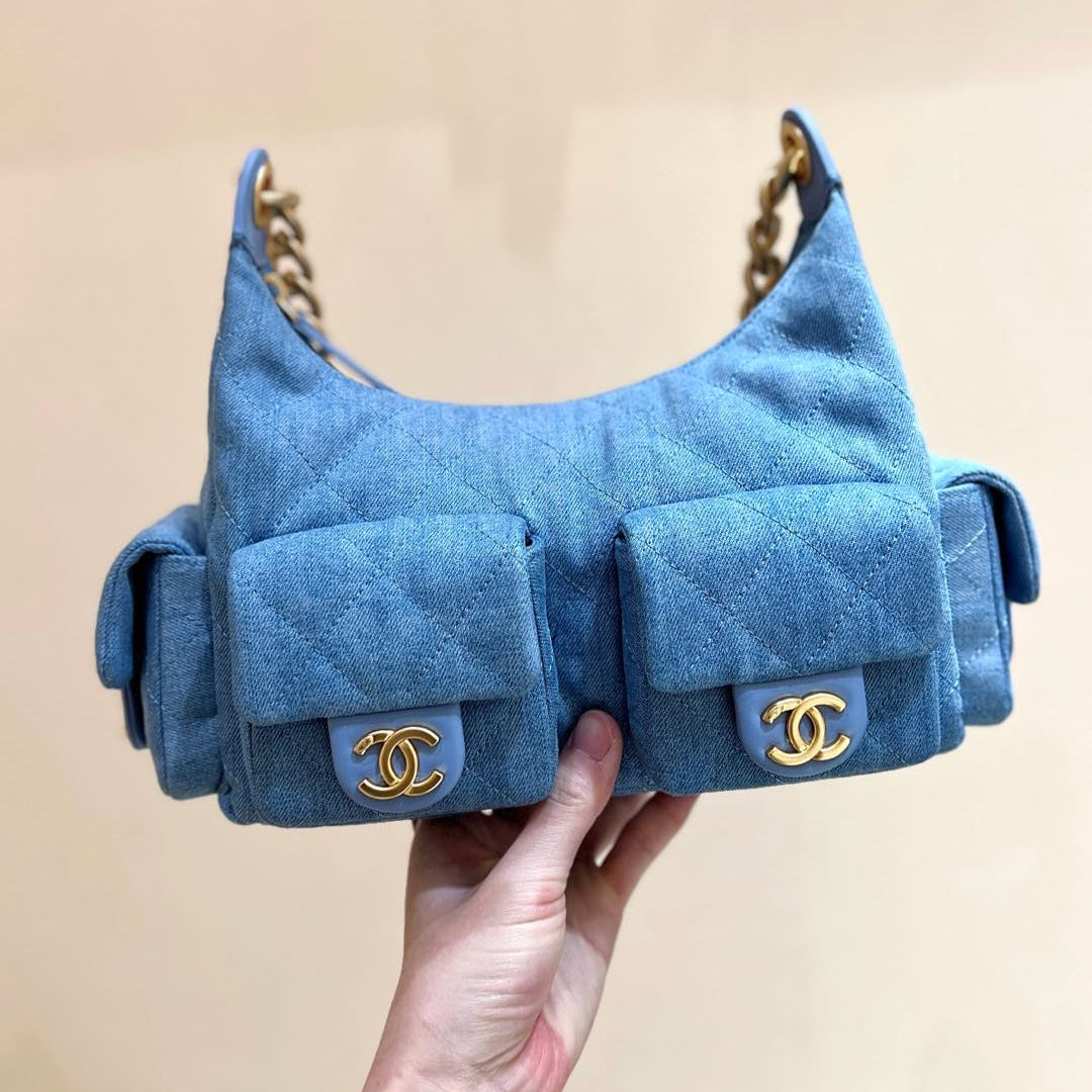 Chanel 25S Medium Hobo Bag 31 in Light Blue Denim Gold Hardware