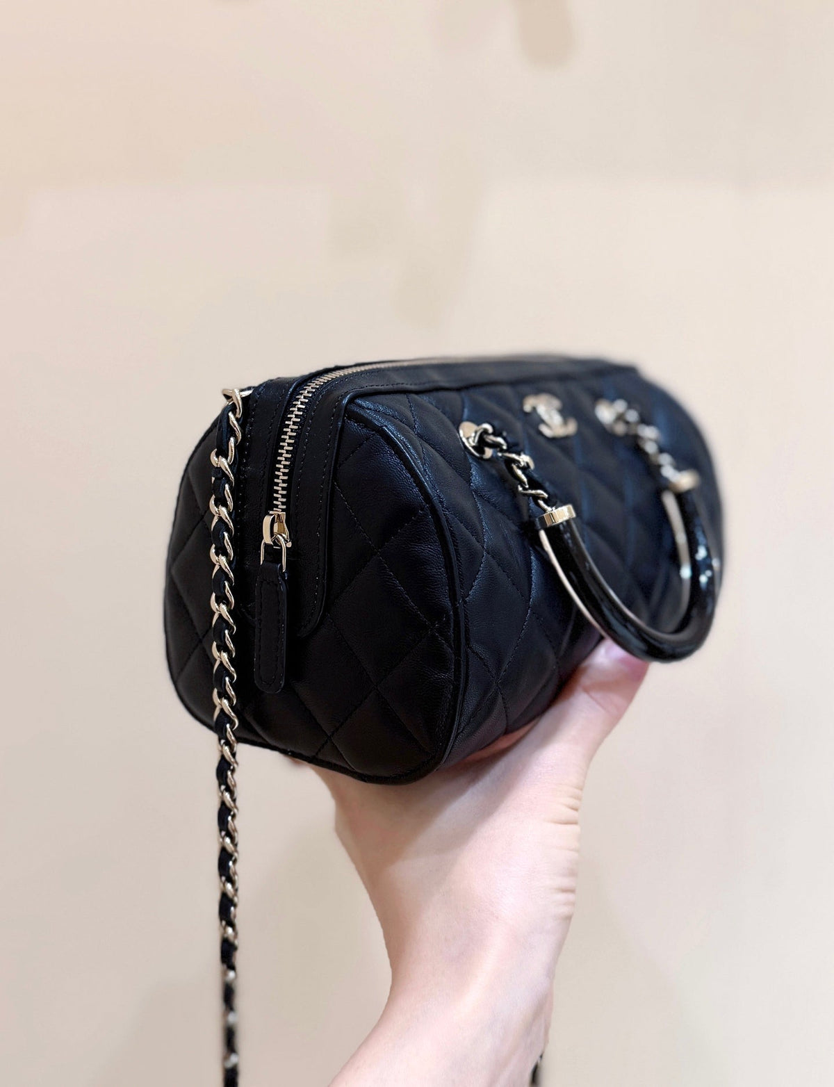 Chanel Boston Matelasse Caviar Shoulder Handbag 18 in Black Lambskin