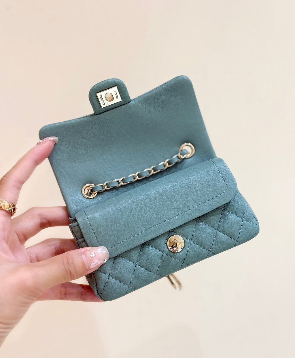Chanel 25S Mini Cf Bag 12 in Muted Teal Lambskin Heart Model